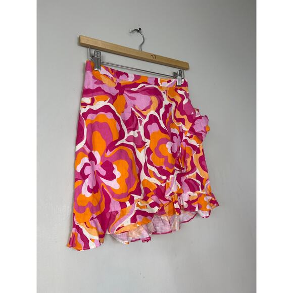 NWT Cami NYC Mika Ruffled Linen Retro Floral Pink and Orange Mini Skirt - Picture 3 of 8